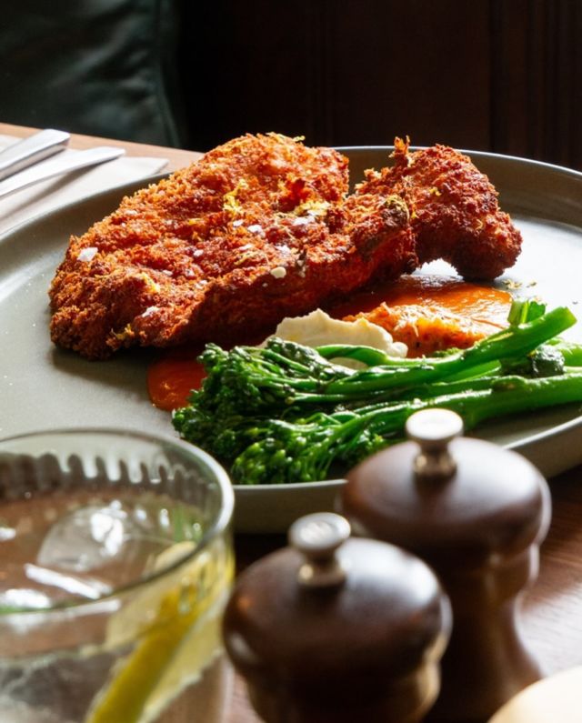 The chicken schnitzel, it’s becoming a firm favourite with our locals, served with ricotta, broccoli and red pepper sauce.