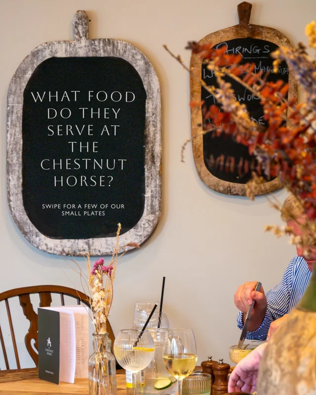 Take this as your sign to visit us, and get a taste of autumn. 👀🍴

Golden pork belly with silky pea purée, our signature ‘Lasagne’ in marinara and basil oil, and spiced Avington trout on a buttery crumpet with a touch of English wasabi.

Three of our small plates, which will you choose first?

Whether it’s a lingering lunch by the fire or a slow evening with a glass in hand, this is the season to settle in and savour every bite. 🍂

Book your table and taste autumn at The Chestnut Horse. 🐴
⁣#TheChestnutHorse #VisitHampshire #Winchester #CountryPub